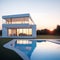 Exterior of modern minimalist cubic villa with swimming pool at sunset. Created with generative Ai