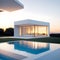 Exterior of modern minimalist cubic villa with swimming pool at sunset. Created with generative Ai