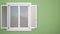 Exterior plaster wall with white window with shutters, garden reflections, pastel green background with copy space, architecture d