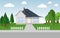 Exterior of the residential house, front view. House with large garden on a street in summer. Vector illustration