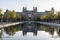 Exterior of the Rijksmuseum reflected in the water, early morning in Amsterdam, Noord-Holland, The Netherlands