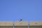 Exterior security camera on the roof buidling over blue sky background