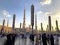 Exterior of tower, canopies at Nabawiâ€™s Mosque building in Medina