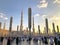 Exterior of tower, canopies at Nabawiâ€™s Mosque building in Medina