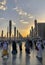 Exterior of tower, canopies at Nabawiâ€™s Mosque building in Medina