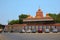 Exterior view with colorful domes, Omkareshwar temple