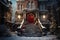 exteriors of the house are decorated for Christmas or New Year\\\'s holiday, city street