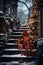 exteriors of the house are decorated for Christmas or New Year\\\'s holiday, city street