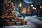 exteriors of the house are decorated for Christmas or New Year\\\'s holiday, city street in winter