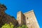 External view of Malaga Gibralfaro Walls with beautiful flowering plants. Gibralfaro castle Castillo de Gibralfaro was built in