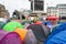 Extinction Rebellion protesters with their tents take over Trafalgar Square London UK.