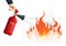 Extinguishes fire, red fire extinguisher flame protection. Flame protection, flame fighting concept vector illustration