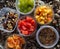 Extra healthy and colorful breakfast on a rocky beach