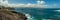 Extra large panorama from La Isleta an warm sunny day with briht blue sky and white clouds. Las Palmas, Las Canteras beach, Gran