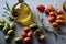 Extra virgin olive oil with green olives and tomatoes generative AI illustration