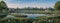 Extra wide panorama of camping tents in wetland. AI generated