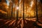 Extra wide panorama of a gorgeous forest in autumn, a scenic landscape with pleasant warm sunshine