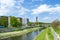 Extra wide panorama of view of Ostrava new city hall from the Ostravice river. Czech Republic