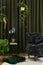 Extraordinary living room interior composition with designed armchair, black console, a lot of plants and stylish personal.