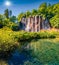 Extraordinary summer view of green forest with pure water waterfall in Plitvice National Park.