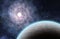 Extrasolar Planet and Large Spiral Galaxy. 3D Rendered Digital Illustration