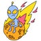 Extraterrestrial aliens fly up on fiery meteors, doodle icon image kawaii