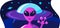 Extraterrestrial greets welcome hand concept. Invitation card on a space theme with a portrait of a purple alien and flying saucer