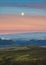 Extraterrestrial landscape of the moon over volcanic mountain and glacier on lava field in Icelandic Highlands on summer at