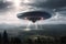 Extraterrestrial ship flying over earth during daytime