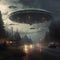 Extraterrestrial spacecraft flying in the sky above a rural roadway. AI-generated.