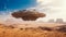 Extraterrestrial spacecraft soaring through a barren desert landscape. AI-generated.