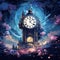 Extravagant and Opulent 1980s-Inspired Digital Illustration of a Victorian-Style Clock Tower in a Sprawling Garden