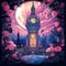 Extravagant and Opulent 1980s-Inspired Digital Illustration of a Victorian-Style Clock Tower in a Sprawling Garden