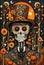 Extravagant ornate Halloween skeleton portrait illustration