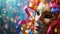 Extravagant Venetian Carnival Mask Adorned with Feathers and Glitter Amidst Festive Confetti.