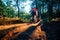 Extreme biker riding his bicycle downhill while wearing no safety equipment while hitting the brakes hard on a dirt trail