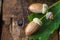 Extreme close-up of acorns and green oak leaves on a dark wooden table, selective focus