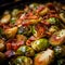 Extreme close up of Brussels Sprouts roasted with olive oil and bacon. Vegetable side dish. Traditional thanksgiving day food.