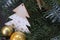 Extreme close-up detail of Christmas wreath decorated with fir branches, Christmas balls and natural materials, New Year