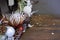 Extreme close-up detail of Christmas wreath decorated with fir branches, Christmas balls and natural materials, New Year concept