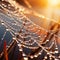 Extreme close-up of a dewdrop on a spider web, sparkling in morning sun, intricate web patterns