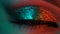 Extreme close up of human eye iris under neon light. Female with beautiful makeup, glitter shadows. Womens green eye