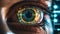 An extreme close up of human\\\'s eye with reflection of a glowing circuit diagram, electric lights