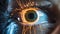 An extreme close up of human\\\'s eye with reflection of a glowing circuit diagram, electric lights