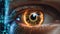 An extreme close up of human\\\'s eye with reflection of a glowing circuit diagram, electric lights