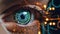 An extreme close up of human\\\'s eye with reflection of a glowing circuit diagram, electric lights