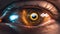 An extreme close up of human\\\'s eye with reflection of a glowing circuit diagram, electric lights