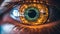 An extreme close up of human\\\'s eye with reflection of a glowing circuit diagram, electric lights