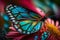 An extreme close-up of the iridescent scales on a butterfly\\\'s wing resting on a vibrant flower