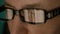 Extreme close up man face eyes glasses. Reflection from computer laptop screen in fashion glasses. Caucasian white man